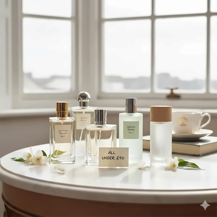 A collection of elegant jasmine perfume bottles on a white marble table, representing the best affordable jasmine scent under £40 available in the UK. affordable jasmine scent under £40