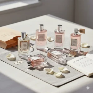 An artistic flat lay of high-street rose perfumes that offer great value for money on a budget.