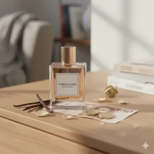 Close-up of a vanilla perfume bottle next to a £50 note to illustrate budget-friendly UK shopping options.