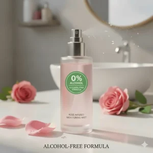 A graphic showing a 0% alcohol label on a rose-infused moisturising perfume mist.