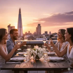 Friends enjoying an alfresco dinner in London with jasmine perfume as the evening scent.