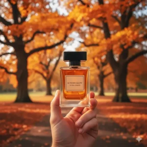 A hand holding a bottle of warm amber perfume against a blurred background of orange and gold trees in a British park.