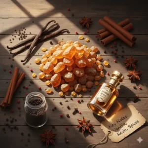 An artistic illustration of amber resin, vanilla pods, and spices, explaining the ingredients of a typical £40 amber fragrance.