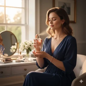 A woman applying jasmine perfume to her wrist before a summer evening party.