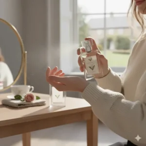 A woman in the UK applying a lily of the valley fragrance to her pulse points to demonstrate a long-lasting, affordable scent.