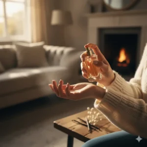 A woman applying a warm vanilla scent to her wrist, highlighting the long-lasting quality of budget perfumes.