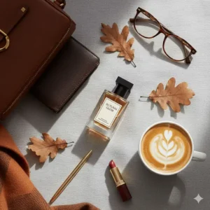 Flat lay of a leather handbag, a flat white coffee, and a travel-size warm amber perfume for the autumn season.