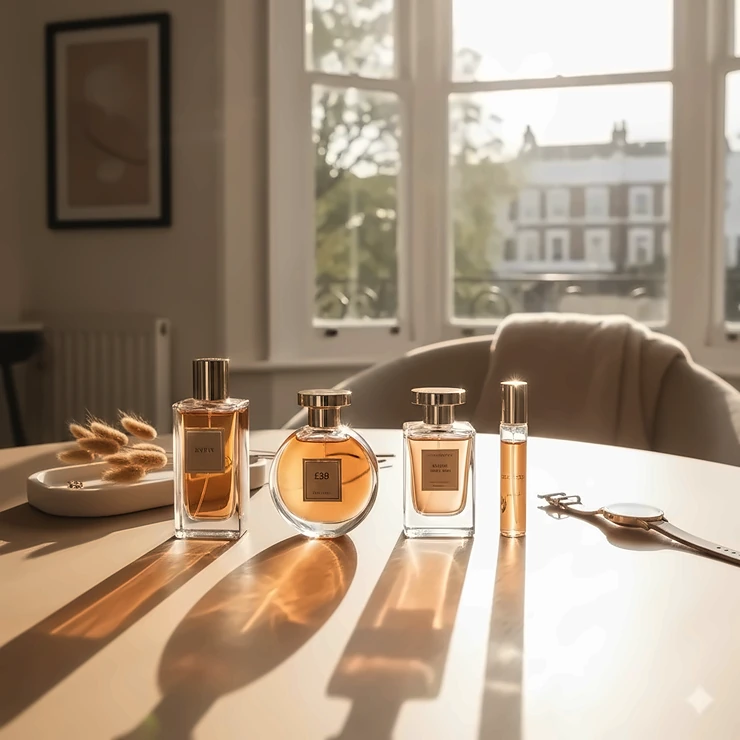 A selection of elegant amber fragrance bottles on a vanity table, highlighting affordable luxury perfumes available in the UK for under £45. amber fragrance under £45
