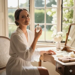 A bride in a silk dressing gown applying white floral perfume for her wedding ceremony in a bright dressing room.