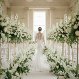 A bride walking down the aisle, evoking the light and airy scent of a white floral perfume for weddings.