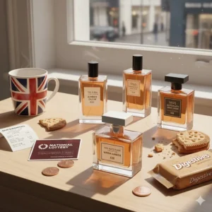 A flat lay of popular amber perfumes found on the British high street that offer a luxury scent profile for under £45.