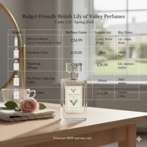 A comparison of affordable lily of the valley perfumes available to buy in the UK, highlighting great value options.