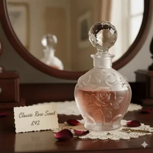 A vintage-style glass perfume bottle with a rose motif, highlighting classic scents at a budget-friendly price.