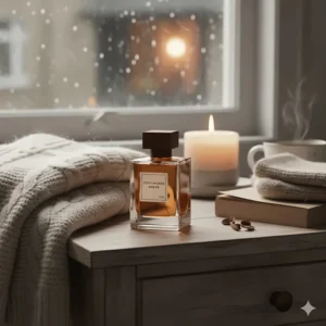 An amber fragrance bottle next to a woollen jumper, depicting a cosy, warm scent perfect for the British autumn and winter seasons.