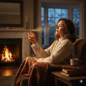 A woman in a chunky knit jumper spraying amber perfume while sitting by a glowing fireplace in a cosy British home.