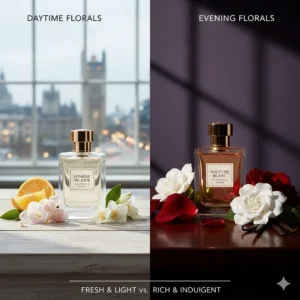 A visual comparison between a light daytime floral fragrance and a rich, indulgent white floral perfume for evening use.