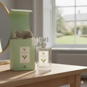 Sustainable and recyclable packaging for an affordable British lily of the valley perfume brand, appealing to conscious shoppers.
