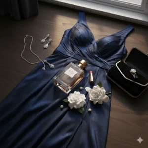 A flat-lay of a navy evening gown, silver jewellery, and a bottle of white floral perfume, perfect for a formal British event.