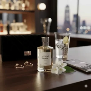A bottle of jasmine-scented eau de parfum next to evening accessories, showing its versatility for a night out in London.