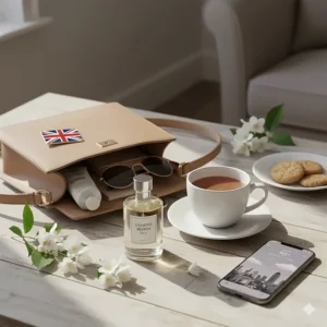 A flat-lay of a handbag, a British morning tea in a porcelain cup, and a bottle of jasmine perfume, suggesting it as an ideal everyday scent.