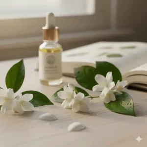 Close-up of fresh white jasmine petals and green leaves, illustrating the natural floral notes found in budget-friendly fragrances.
