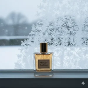 A bottle of "Winter’s Embrace" vanilla perfume on a windowsill overlooking a frosted, snowy garden.