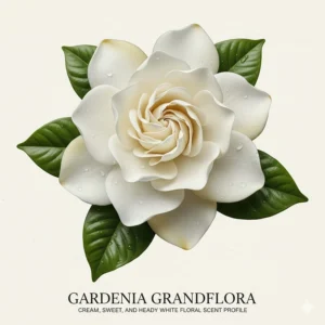 Detailed botanical study of a white gardenia flower, highlighting its rich and creamy scent profile for evening wear.