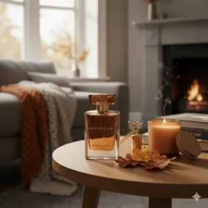 Sunlight filtering through a window onto a bottle of amber-coloured perfume on a wooden windowsill, creating a warm autumnal glow.
