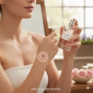 Diagram showing pulse points for applying rose perfume, including the wrists and behind the ears.