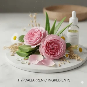 Illustration of natural rose petals and soothing botanical extracts for hypoallergenic fragrance.