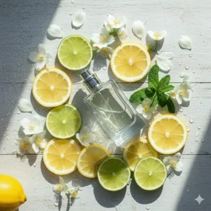 Flat lay of jasmine petals and lemon slices representing a fresh summer perfume blend.