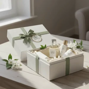 A beautifully wrapped gift box containing a floral fragrance, perfect for those seeking an affordable jasmine scent under £40 for a birthday or anniversary.