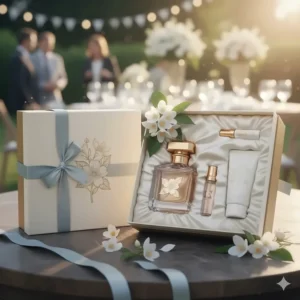 A beautifully wrapped jasmine perfume gift set, ideal for a British summer wedding or birthday.