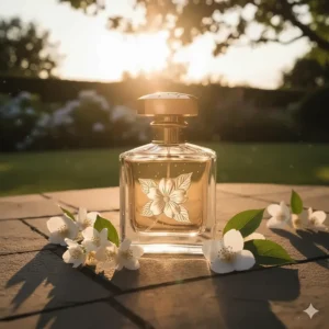A bottle of jasmine-based fragrance catching the golden hour light in a garden.