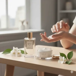A bottle of jasmine perfume next to a floral body cream, explaining how to layer scents to enhance an affordable fragrance.