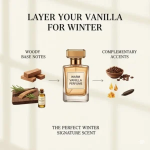 Infographic explaining how to layer warm vanilla perfume with woody base notes and coffee accents for winter.