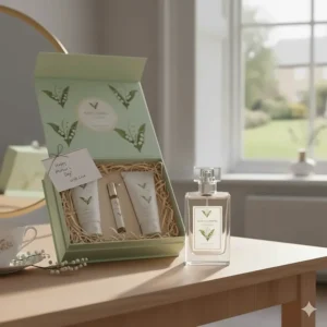 An elegant yet affordable lily of the valley perfume gift set, perfect for a British Mother’s Day or birthday gift.