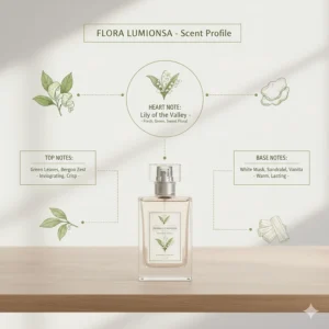 A visual guide showing the scent profile of an affordable lily of the valley perfume, including fresh green and floral notes.