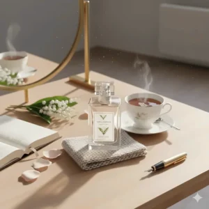 A lifestyle flatlay featuring a lily of the valley perfume bottle, a classic British tea cup, and spring flowers.