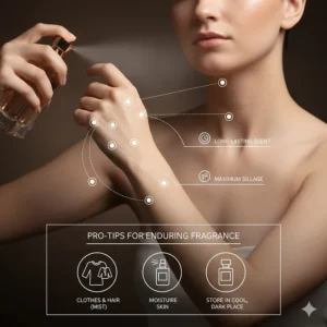 An infographic guide on pulse point application to ensure a white floral perfume remains long-lasting throughout the evening.