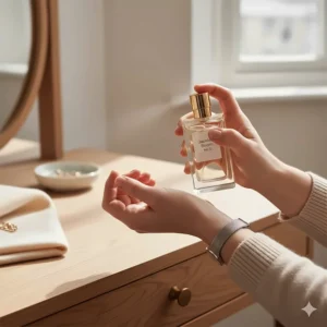 A person applying perfume to their pulse points, demonstrating how to make a low-cost jasmine fragrance last all day during a British autumn.