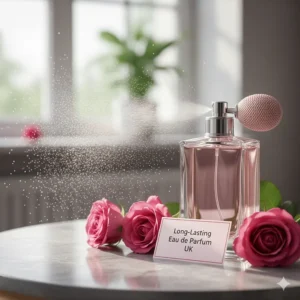 A spray of mist from a perfume bottle, illustrating long-lasting rose eau de parfum options found in the UK.