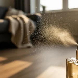Golden mist of vanilla perfume spray in natural light, illustrating a long-lasting scent for cold British weather.