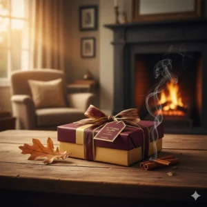 A beautifully wrapped luxury perfume gift box in deep burgundy and gold, perfect for an autumn birthday in the UK.