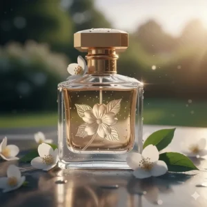 Close-up of a luxury perfume bottle featuring jasmine notes for warm summer nights.