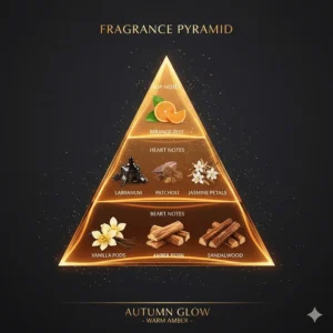 An informative fragrance pyramid diagram showing top, heart, and base notes of a warm amber perfume.