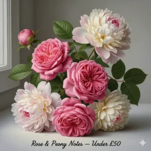 Botanical illustration of roses and peonies, common notes in affordable rose perfumes for women.