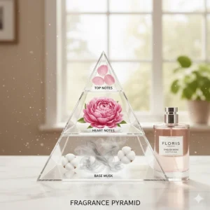 A scent pyramid showing top notes of rosebud, heart notes of peony, and a base of soft musk.