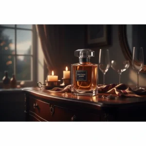 A moody, sophisticated shot of a warm amber fragrance, ideal for evening wear and special occasions in the UK.