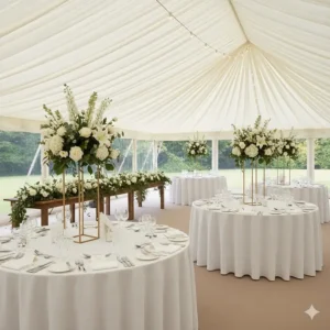 Elegant white floral table centrepieces in a traditional British marquee wedding setting.